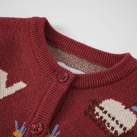 Vauva FW23 - Baby Girls Farm Jacquard Cotton Cashmere Jacket (Red)-product image close up