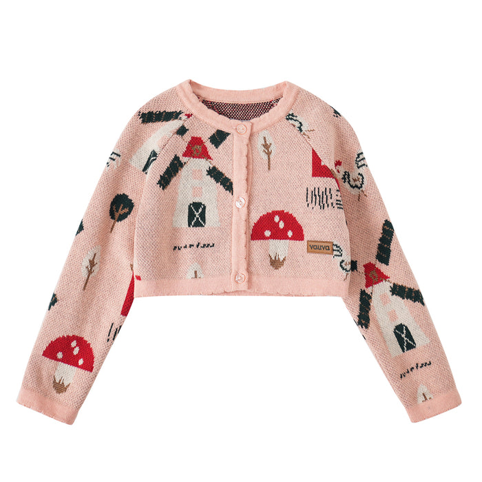 Vauva FW23 - Baby Girls Pinwheel All Over Print Long Sleeve Knit Jacket (Pink) product image front