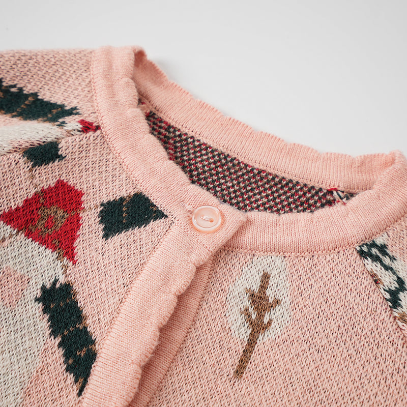 Vauva FW23 - Baby Girls Pinwheel All Over Print Long Sleeve Knit Jacket (Pink) product image front zoom in