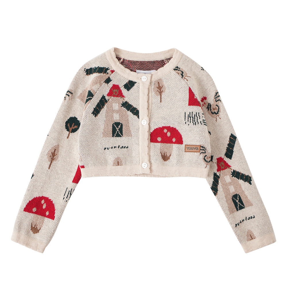 Vauva FW23 - Baby Girls Pinwheel All Over Print Long Sleeve Knit Jacket (White) product image front