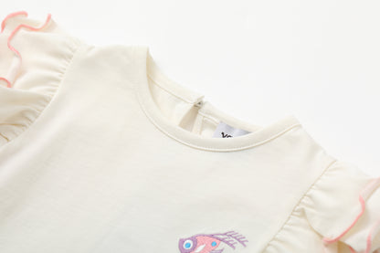 VAUVA Vauva SS24 - Toddler Girl Fish Embroidered Short Sleeve T-Shirt Top - White Top &amp; Bottom Set