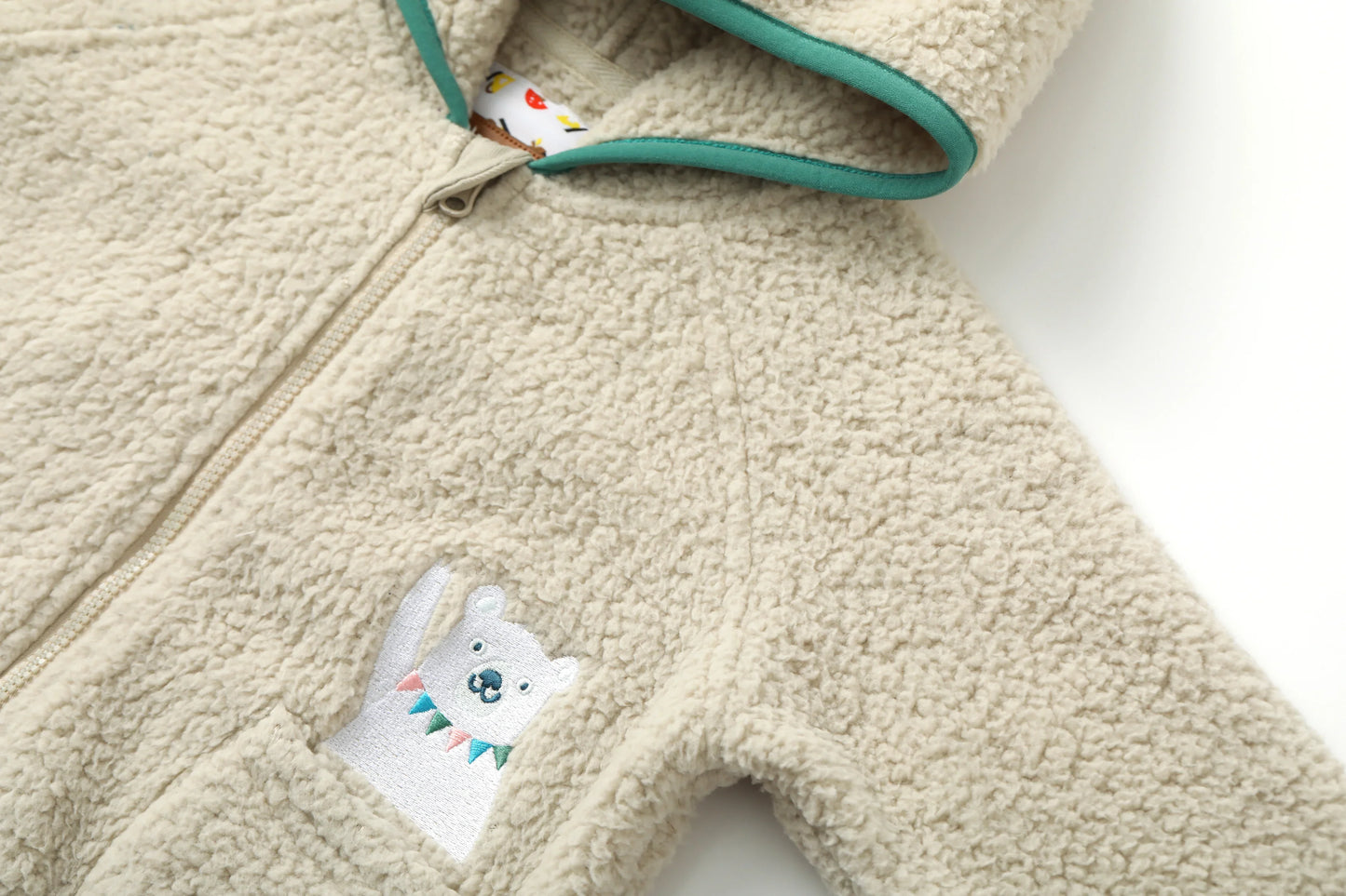 Bear-Embroidered Hooded Teddy Jacket