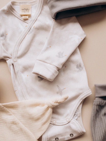 Bird Print Long Sleeve Wrap Bodysuit (GOTS)