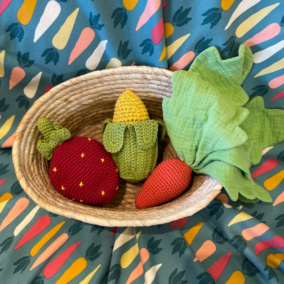 MyuM - Corn Crocheted Baby Rattle, Strawberry Reversible Toy & Comforter Carrot - My Little Korner