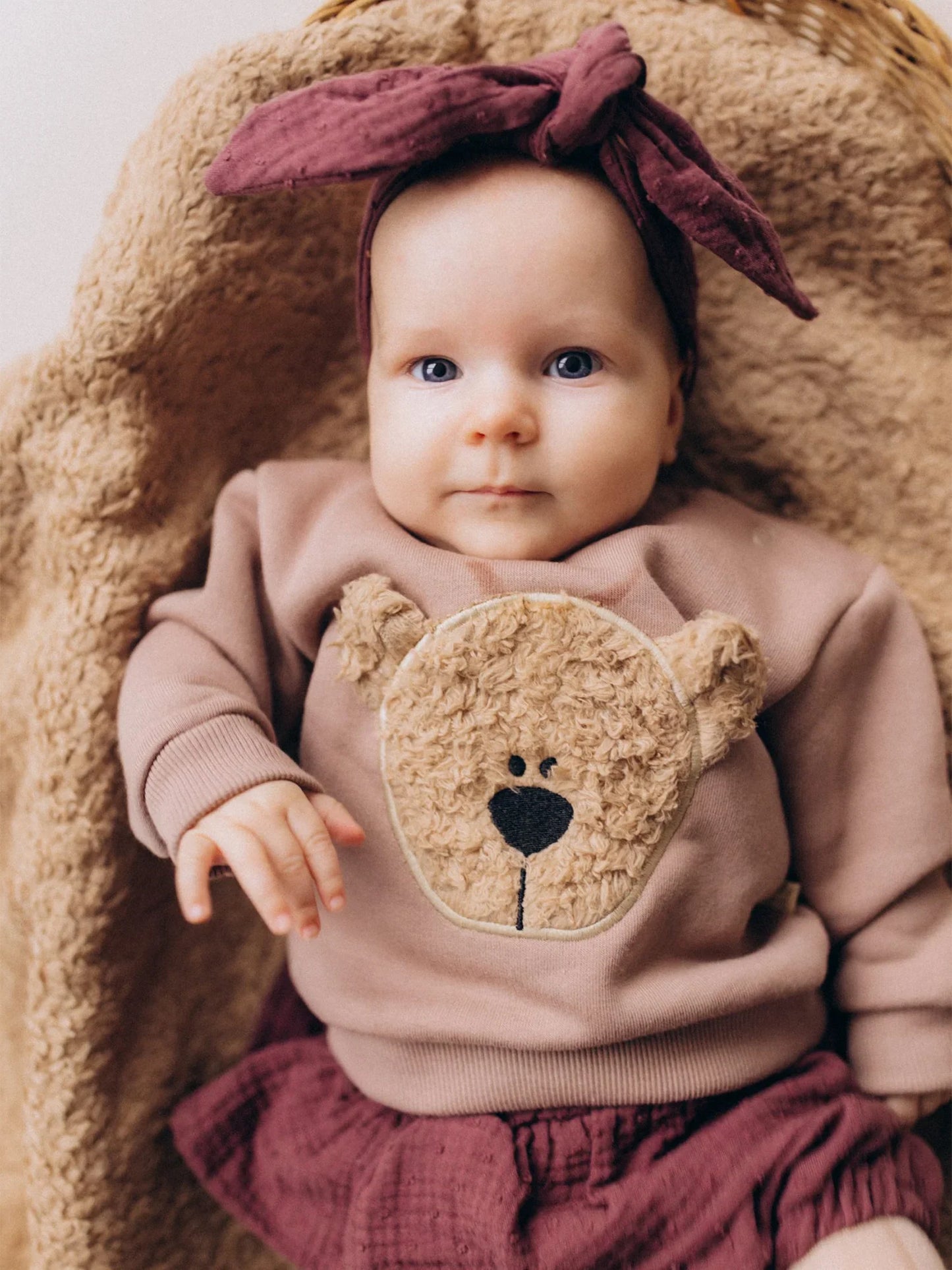 Dusty Pink Teddy Bear Embroidered Velour Sweater (GOTS)