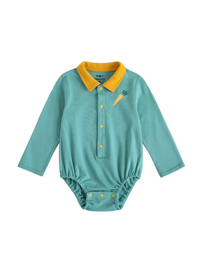 VAUVA Vauva FW23 - Baby Boy Carrot Pattern Cotton Polo Long Sleeve Bodysuit (Green) Bodysuit