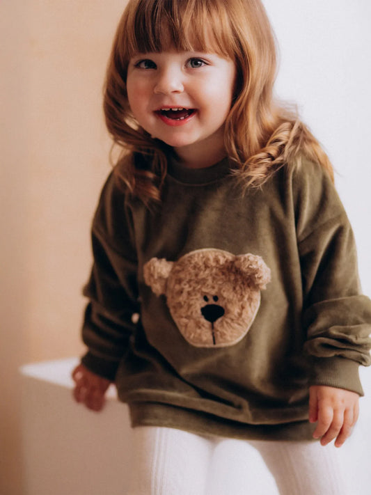 Velour Sweater with Bear Embroidery (GOTS)