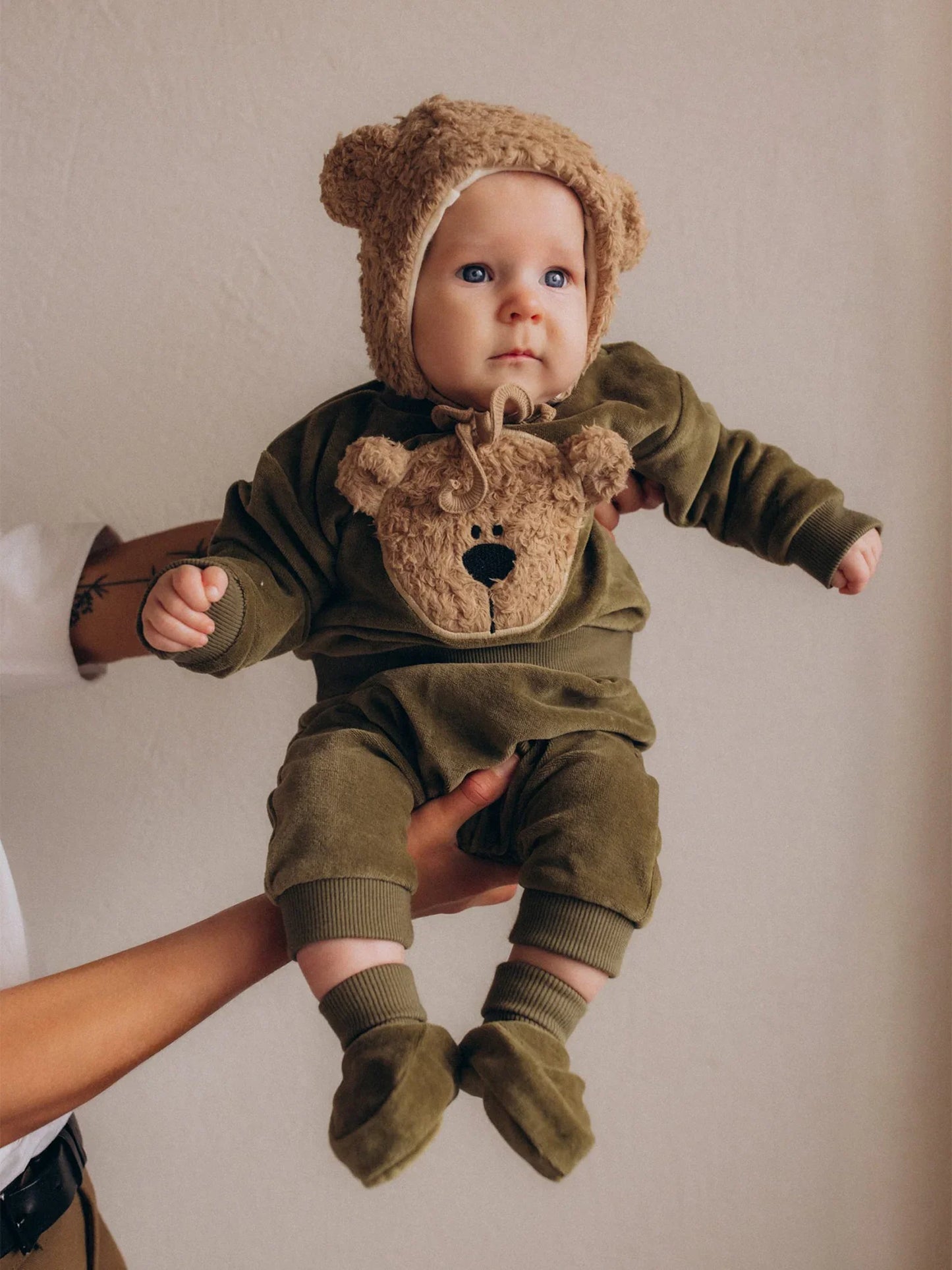 Olive Teddy Bear Embroidered Velour Sweater (GOTS)