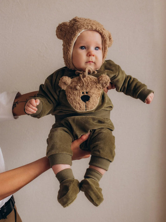 Olive Teddy Bear Embroidered Velour Sweater (GOTS)