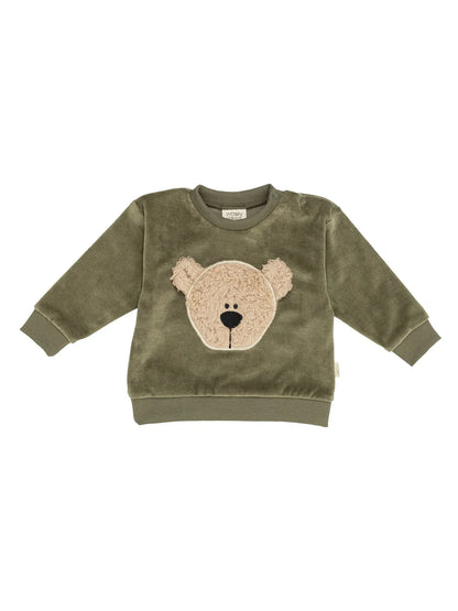 Olive Teddy Bear Embroidered Velour Sweater (GOTS)