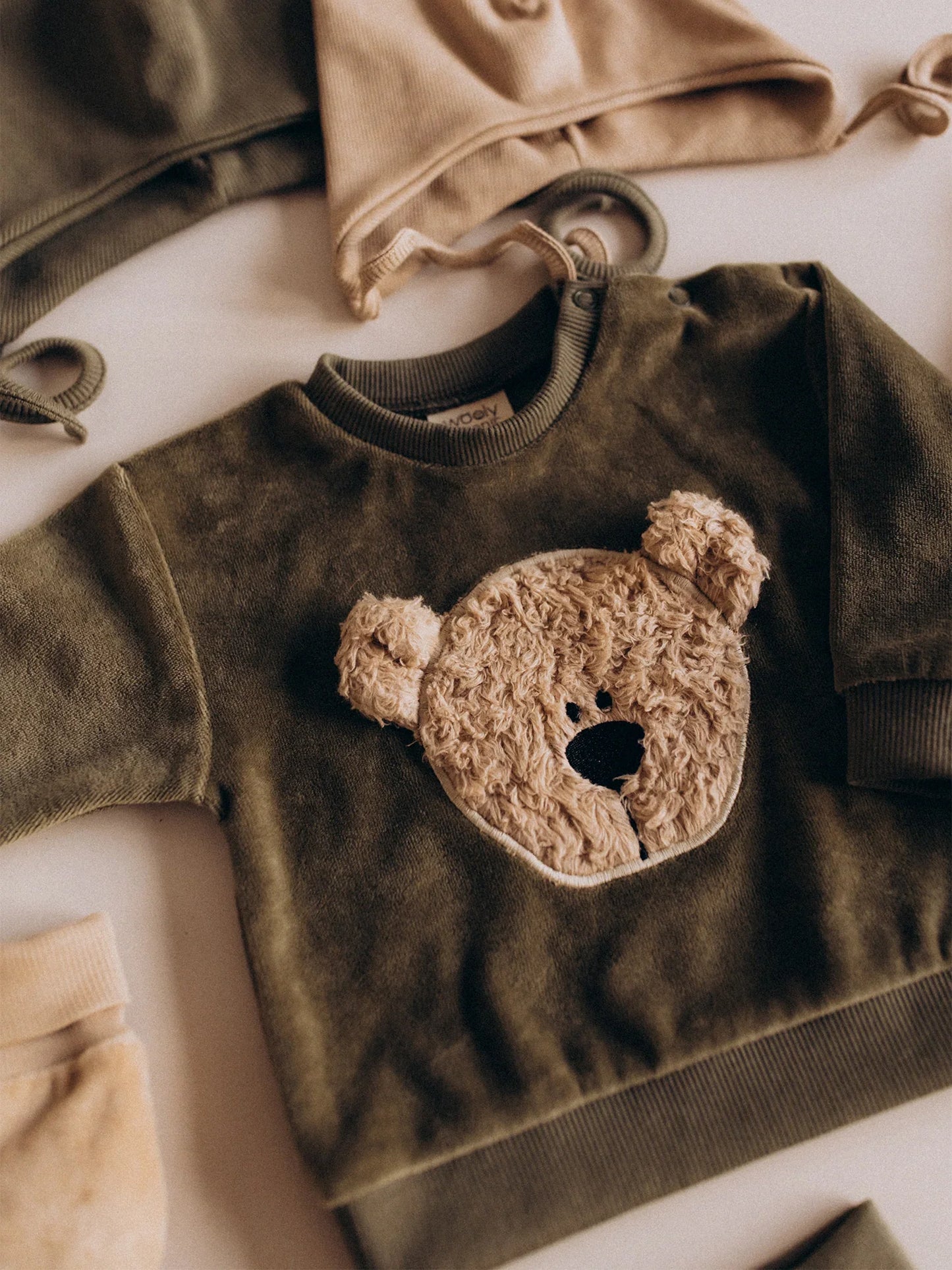 Olive Teddy Bear Embroidered Velour Sweater (GOTS)