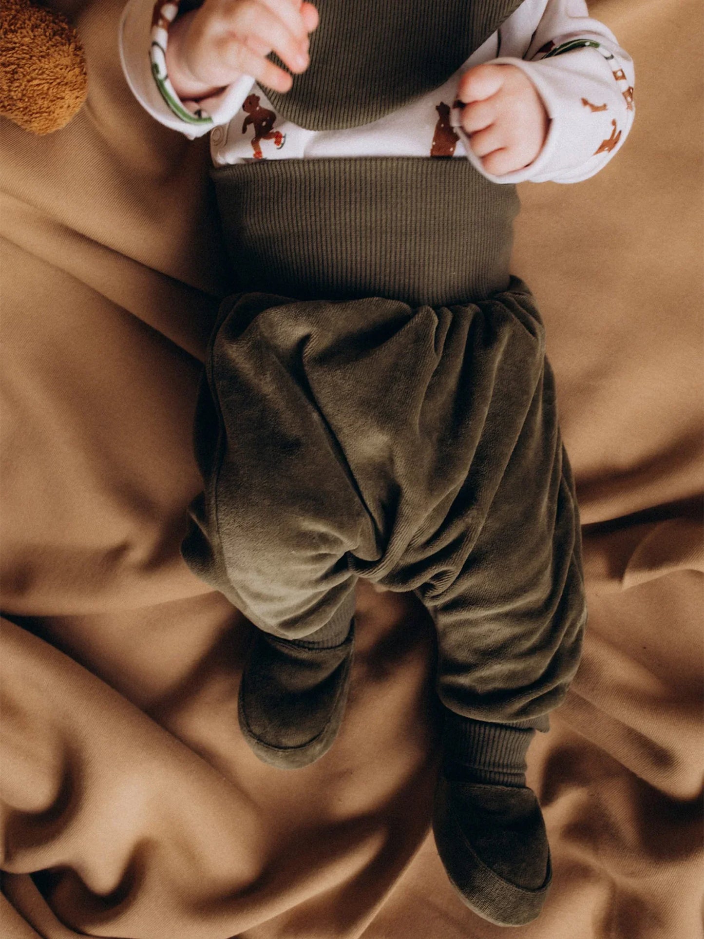 Olive Velour Baby Trousers (GOTS)