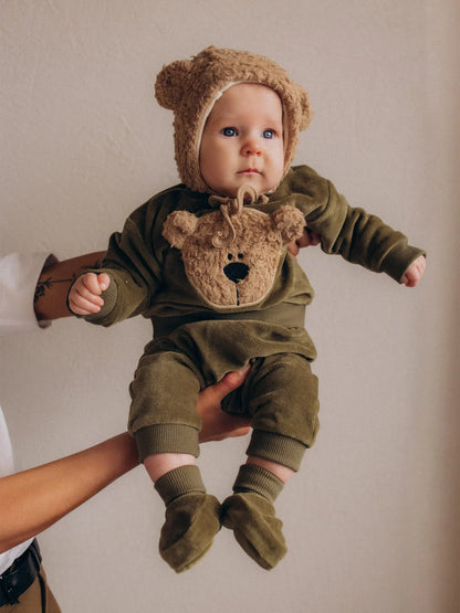 Olive Velour Baby Trousers (GOTS)