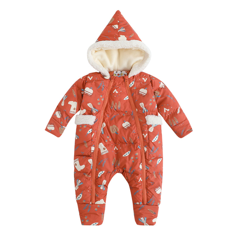 Vauva FW23 - Baby Girl Happy Farm Hooded Padded Romper (Red) product image front