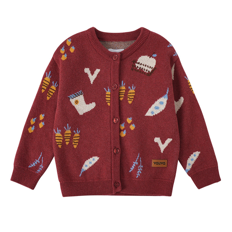 Vauva FW23 - Baby Girls Farm Jacquard Cotton Cashmere Jacket (Red)-product image front
