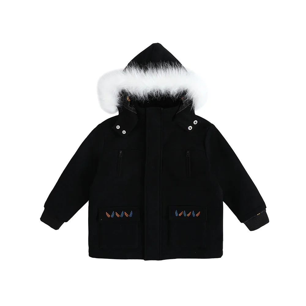 VAUVA Vauva FW23 - Boys Simple Embroidered Black Hooded Coat Coat & Jacket