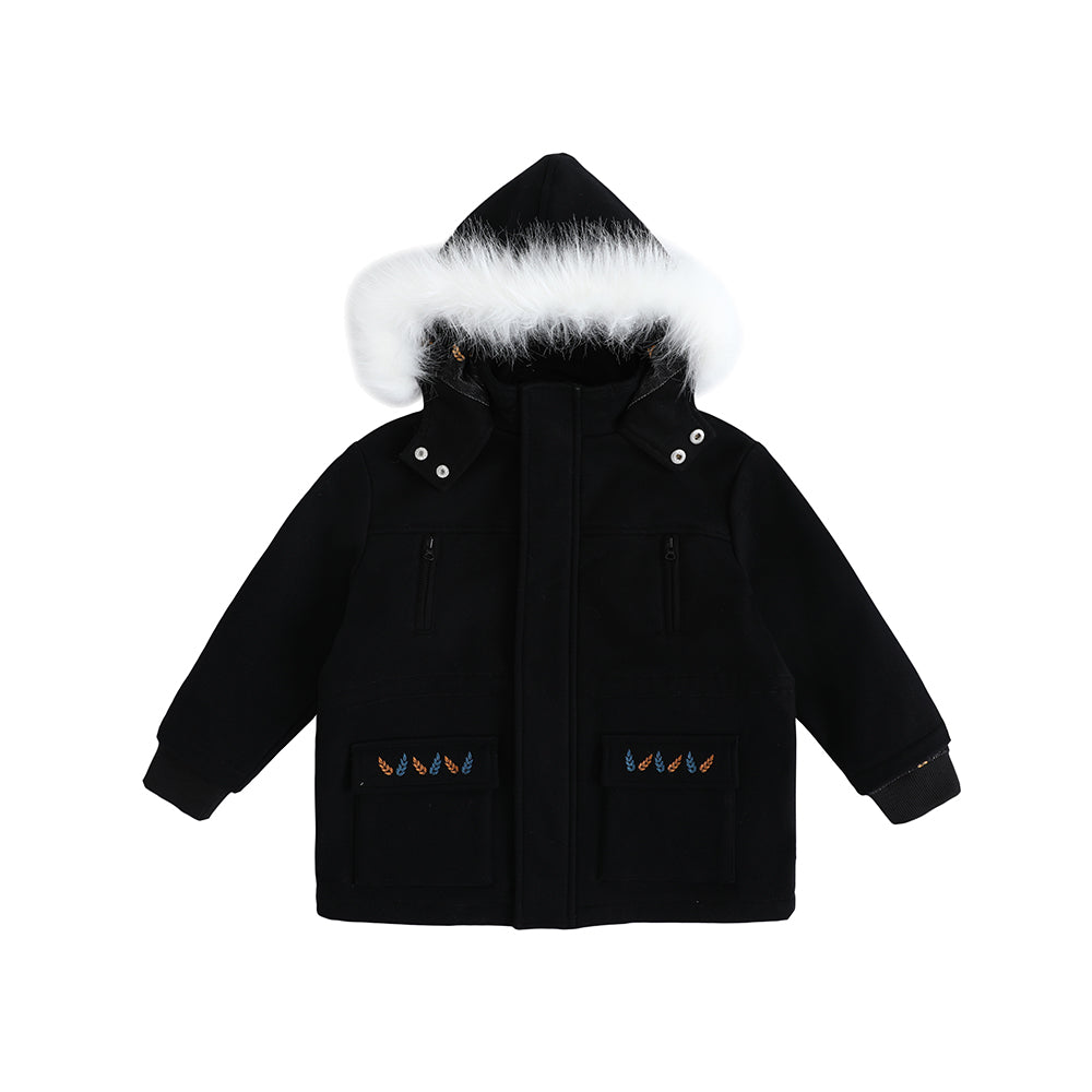 VAUVA Vauva FW23 - Boys Simple Embroidered Black Hooded Coat Coat &amp; Jacket