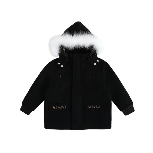 VAUVA Vauva FW23 - Boys Simple Embroidered Black Hooded Coat Coat & Jacket