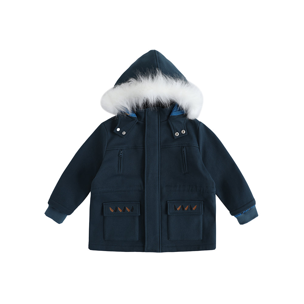 VAUVA Vauva FW23 - Boys Simple Embroidered Blue Hooded Coat Coat &amp; Jacket