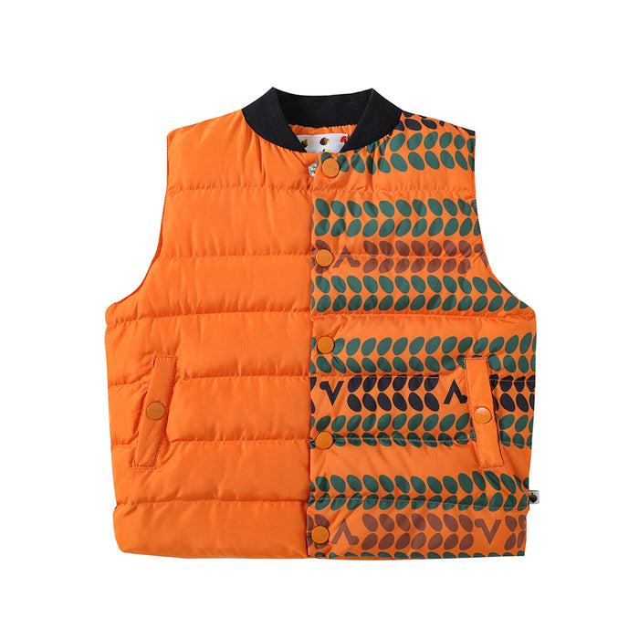 Vauva FW23 - Boys' Striped Patchwork Down Vest (Orange) - My Little Korner