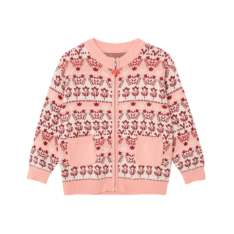 Vauva FW23 - Girls Jacquard Cotton Cashmere Jacket (Pink) product image front 