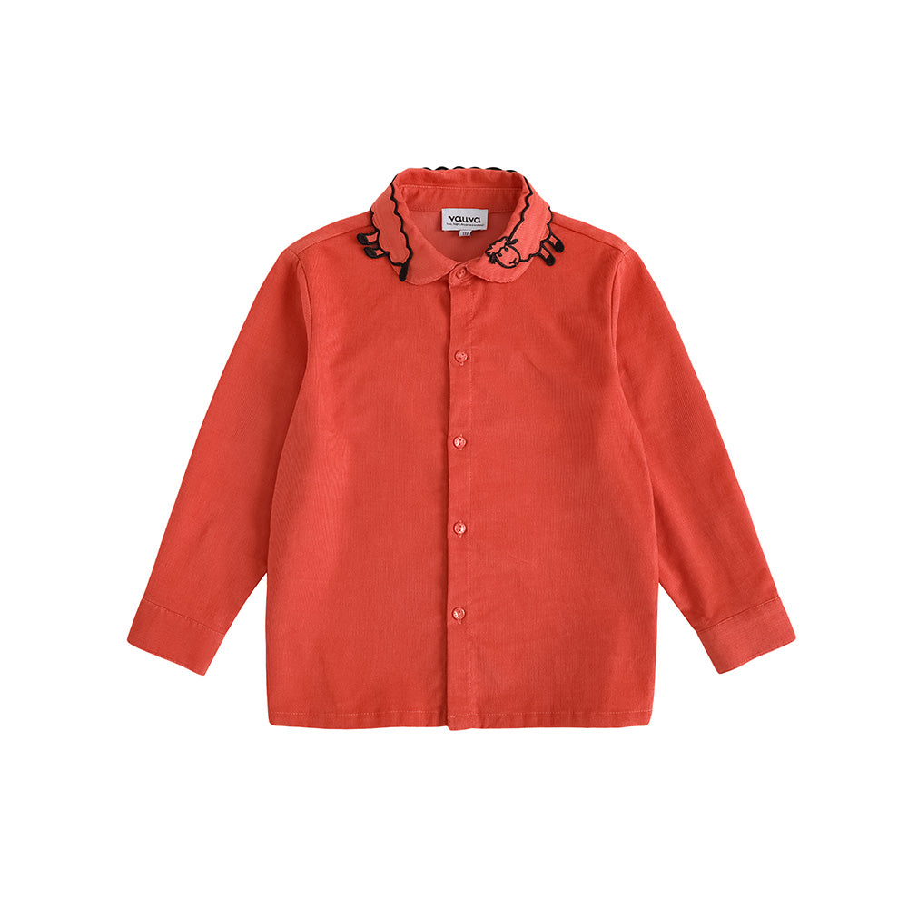 Vauva FW23 - Girls Embroidered Collar Long Sleeve Shirt (Red) 150 cm