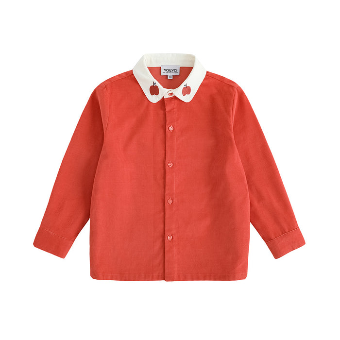 Vauva FW23 - Girls Red Apple Embroidered Collar Long Sleeve Shirt