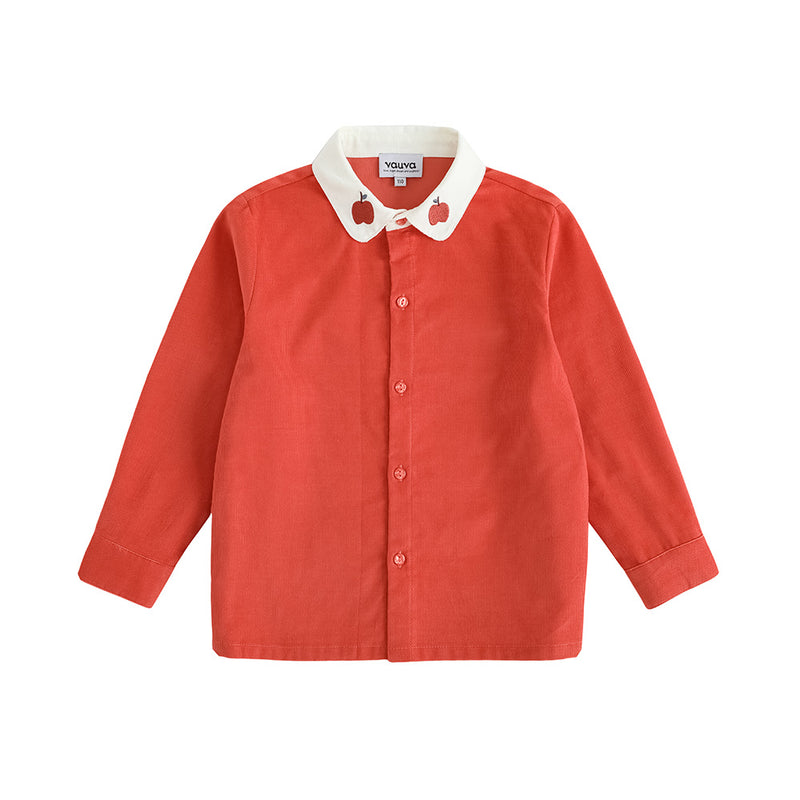 Vauva FW23 - Girls Red Apple Embroidered Collar Long Sleeve Shirt-product image front