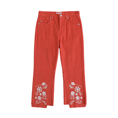 VAUVA Vauva FW23 - Girls Embroidered Flared Pants (Red) Pants