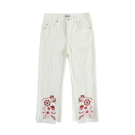 VAUVA Vauva FW23 - Girls Embroidered Flared Pants (White) Pants