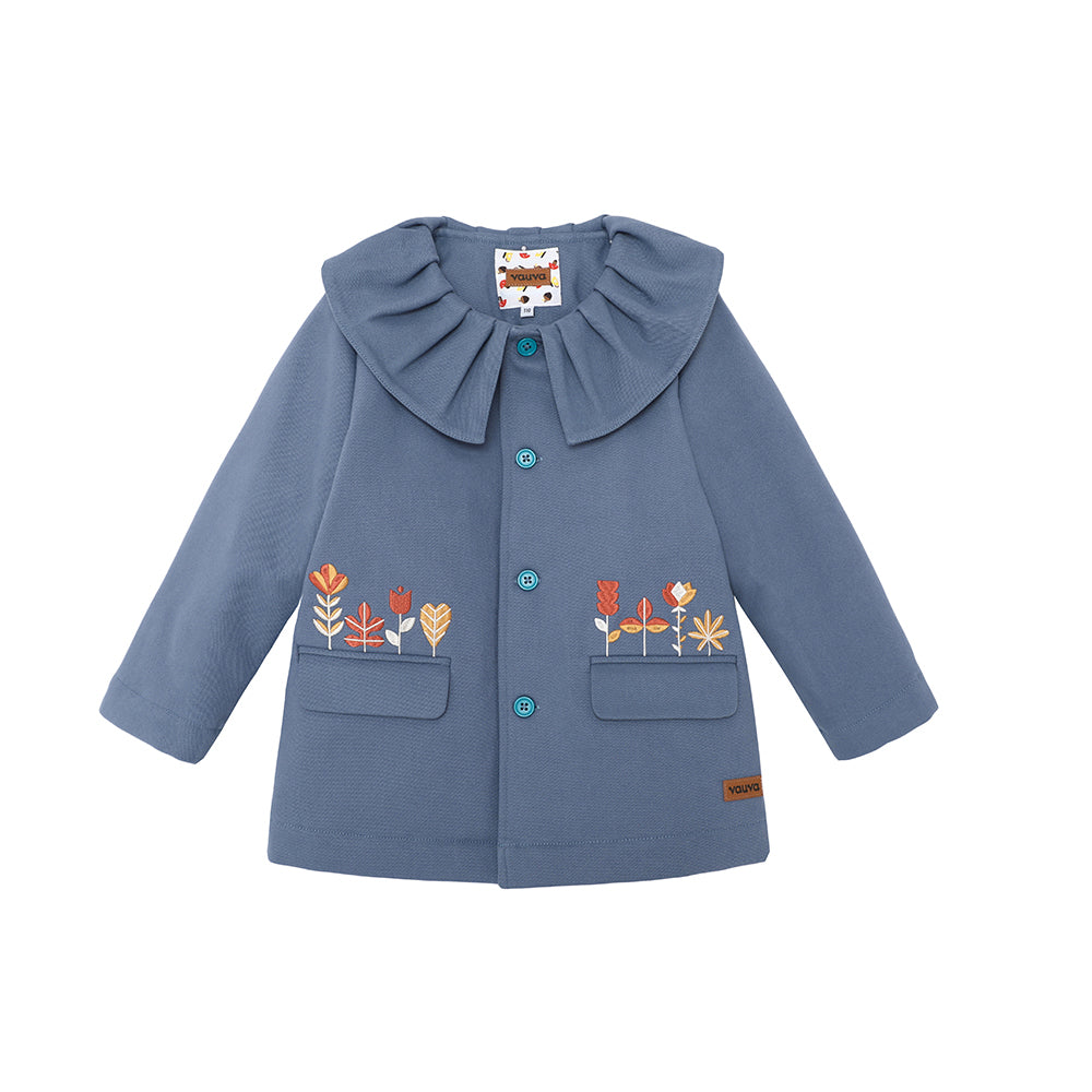 Vauva FW23 - Girls Ruffle Collar Embroidered Coat (Blue) product image front 