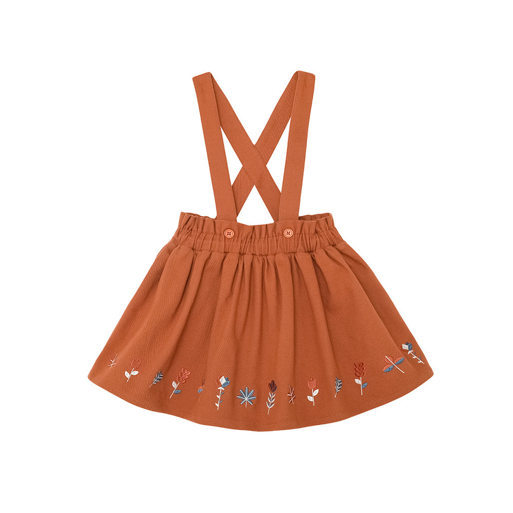 VAUVA Vauva FW23 - Girls Embroidered Brown Vest Suspender Skirt Skirt