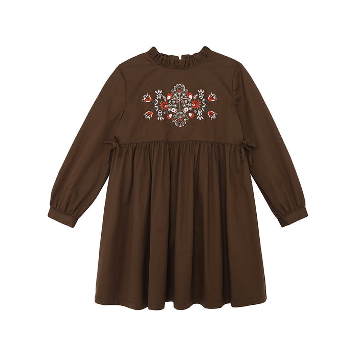 Vauva FW23 - Girls Brown Embroidered Cotton Dress