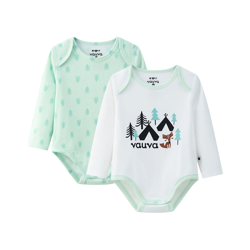 Vauva BBNS - Baby Anti-bacterial Organic Cotton Bodysuits (2-pack Green/Print)-product image front