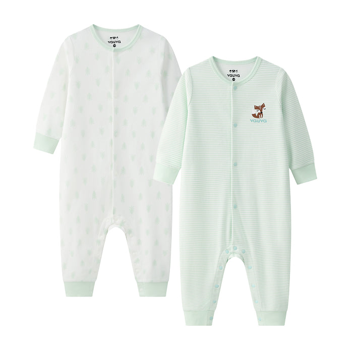 Vauva BBNS - 嬰兒抗菌防蟎有機棉質長袖連身衣 2件裝 (綠色/間條) 