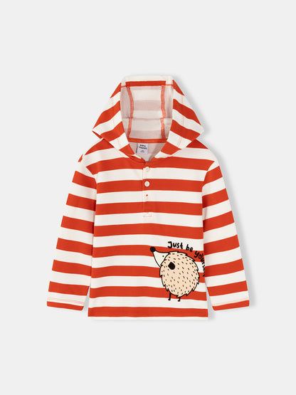 Boys Hedgehog Stripe Hooded Henley T-Shirt