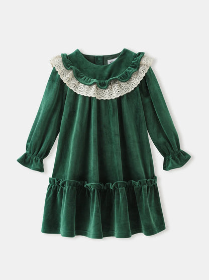 Girls' Velvet Ruffle‑Collar Dress