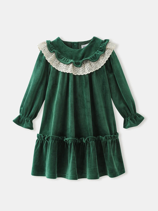 Girls' Velvet Ruffle‑Collar Dress