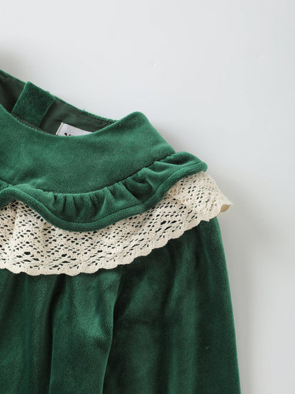 Girls' Velvet Ruffle‑Collar Dress