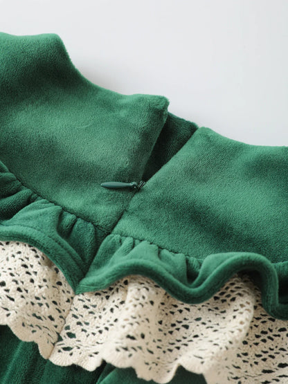 Girls' Velvet Ruffle‑Collar Dress