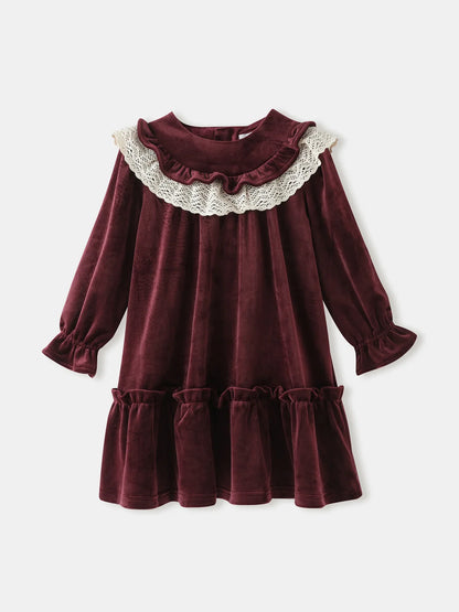 Girls' Velvet Ruffle‑Collar Dress
