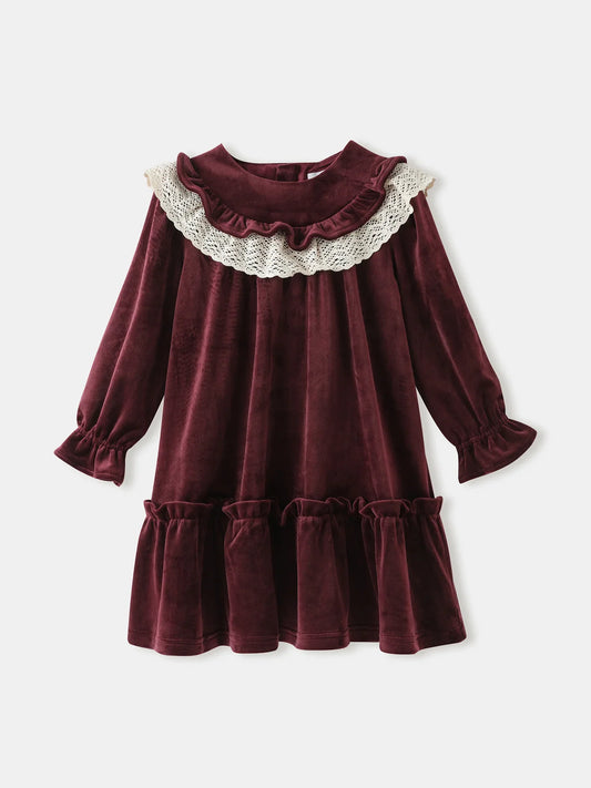 Girls' Velvet Ruffle‑Collar Dress