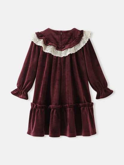Girls' Velvet Ruffle‑Collar Dress