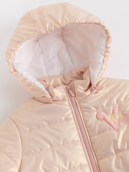Girls Strawberry Embroidered Hooded Puffer Coat