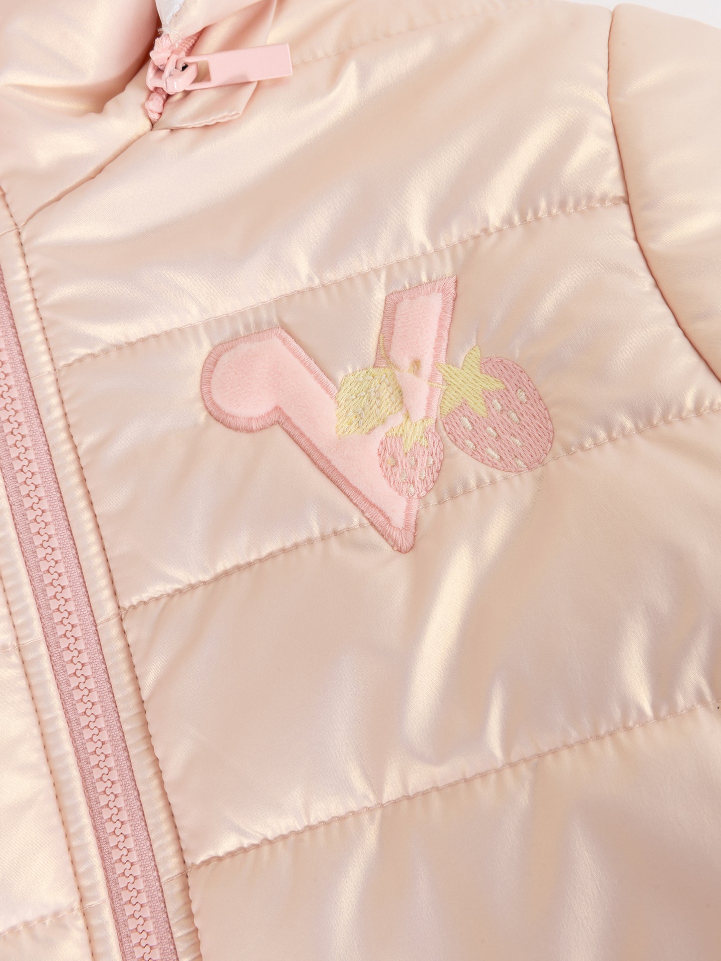 Girls Strawberry Embroidered Hooded Puffer Coat