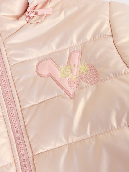 Girls Strawberry Embroidered Hooded Puffer Coat