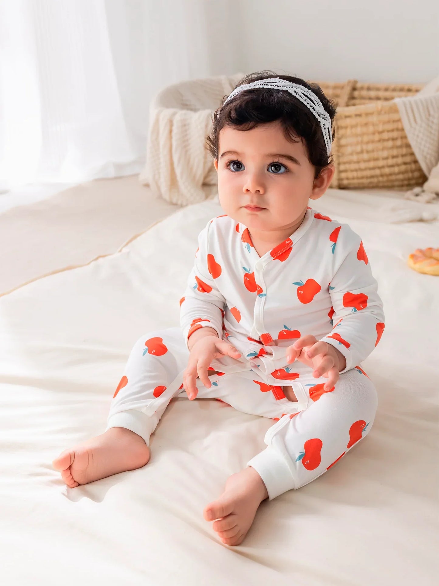 Baby Bamboo Apple Print Long‑Sleeved Romper Set