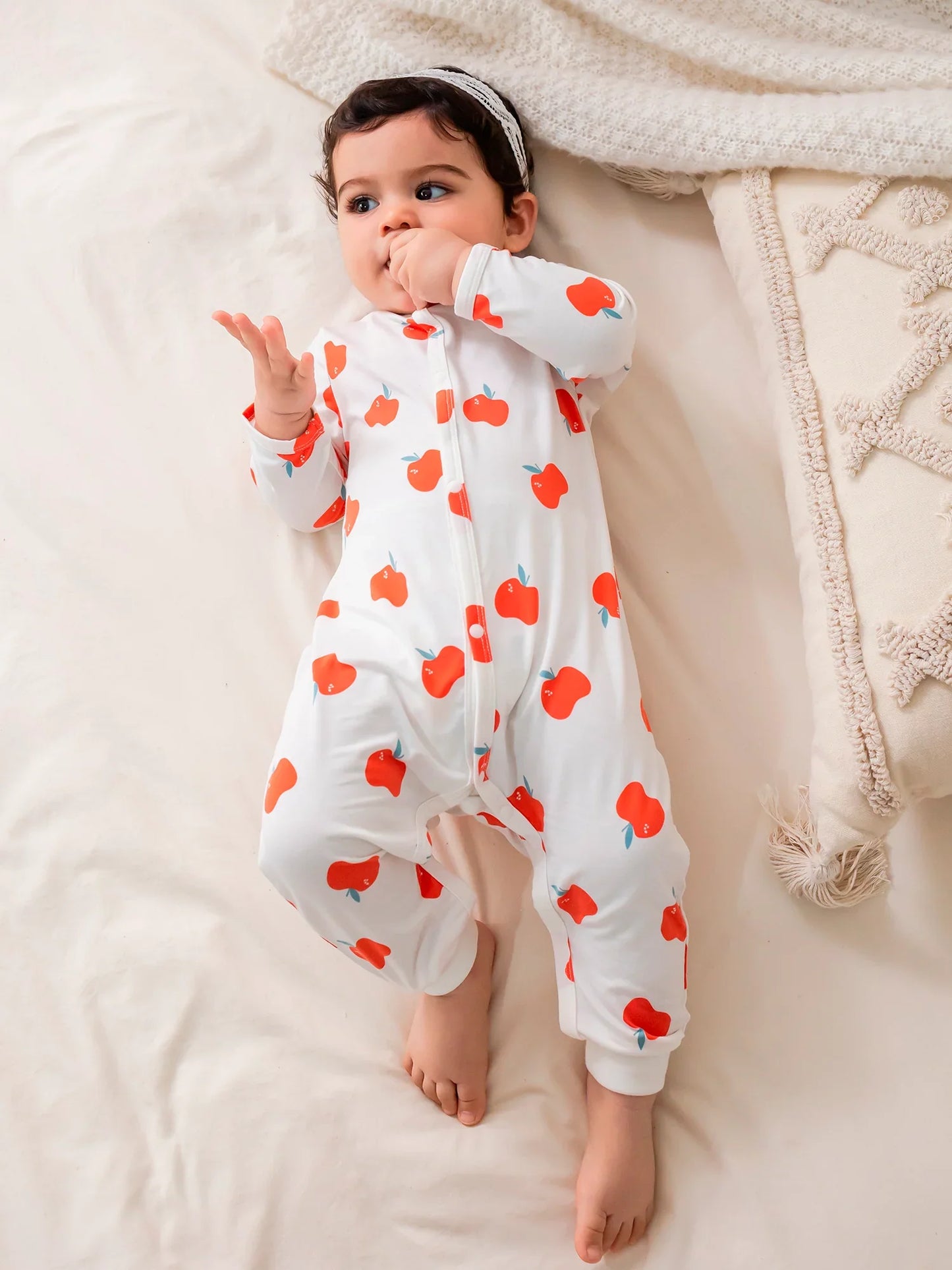 Baby Bamboo Apple Print Long‑Sleeved Romper Set