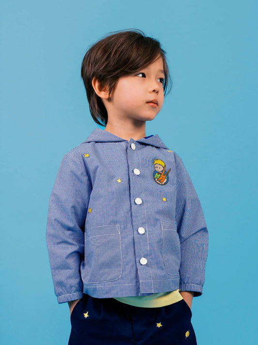 Kids Hooded Gingham Snap‑Front Jacket with Embroidery
