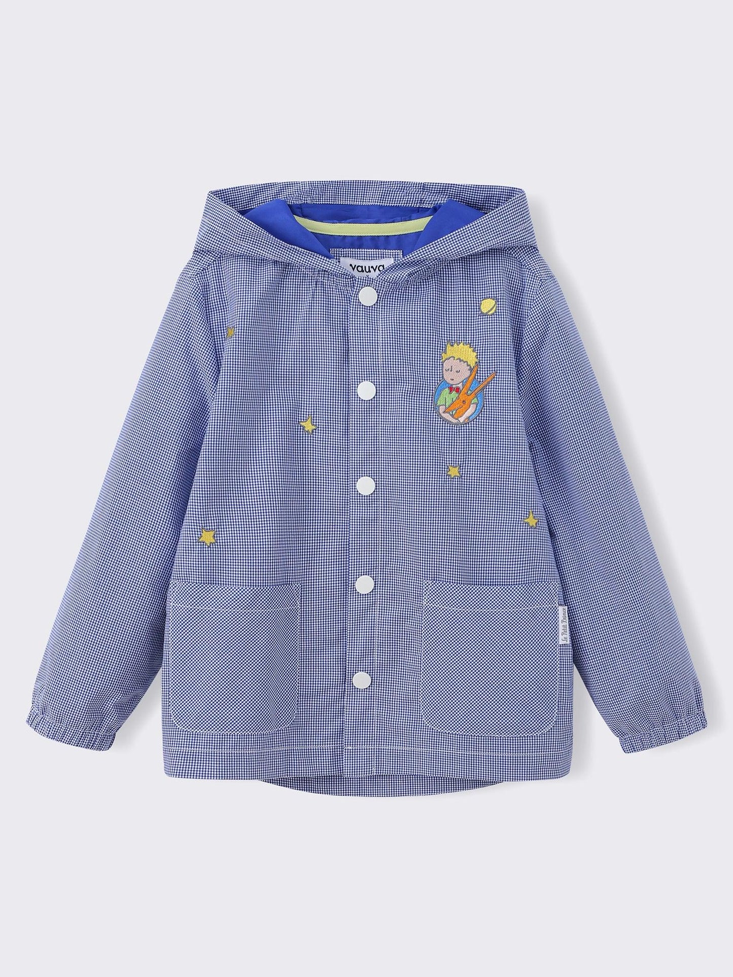 Kids Hooded Gingham Snap‑Front Jacket with Embroidery